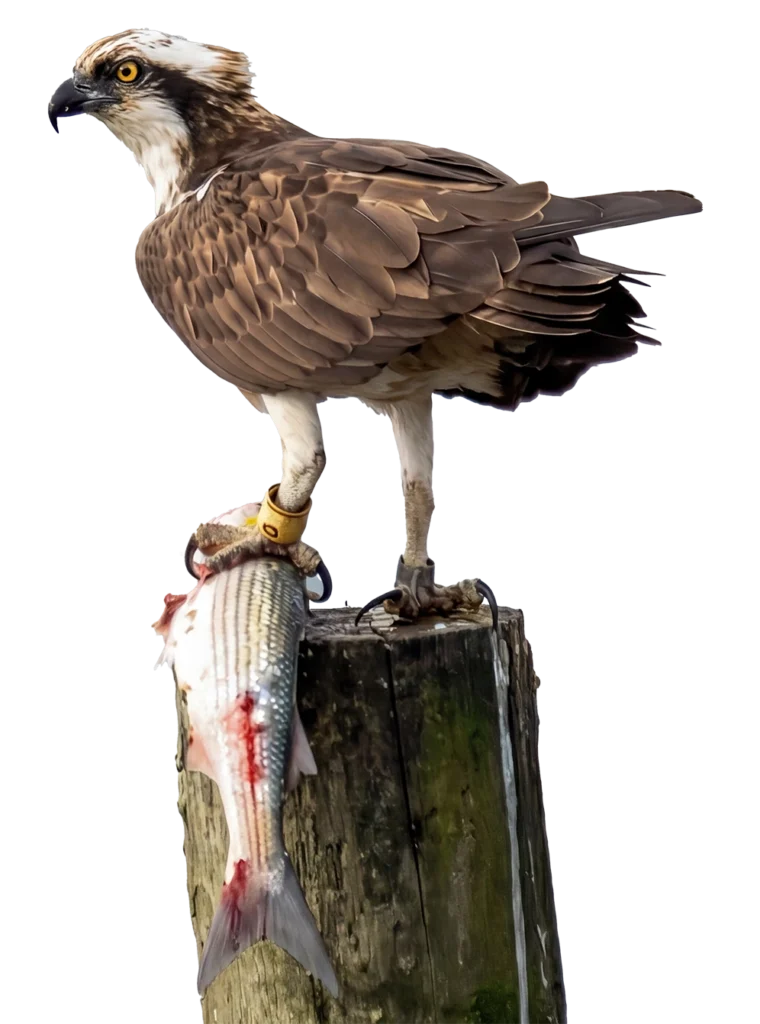 Águila pescadora sobre un tronco con un pez en sus garras